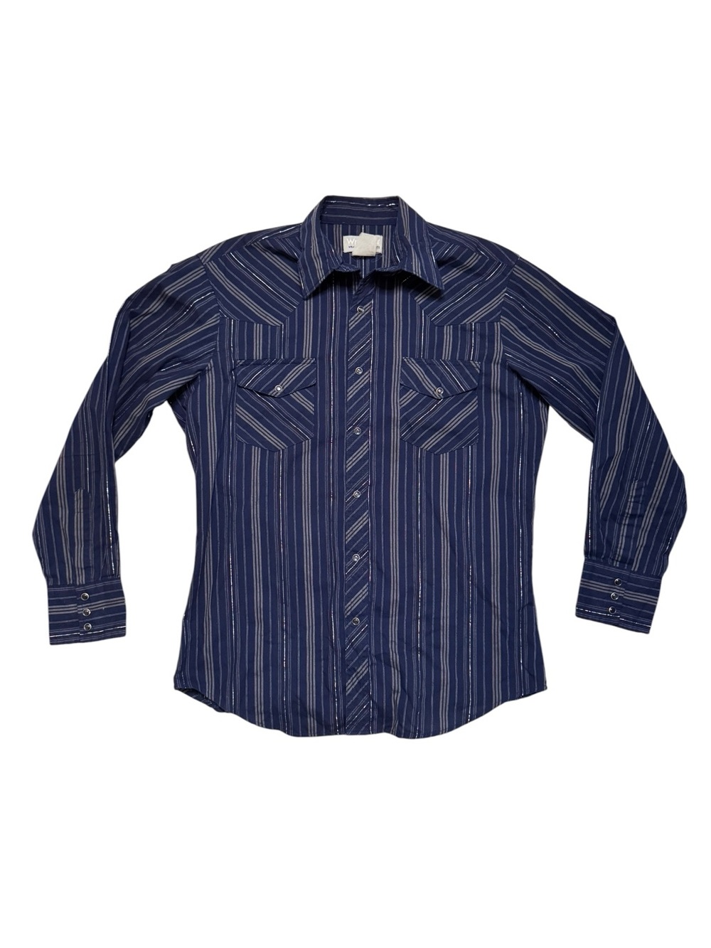 Vintage Wrangler Pearl Snap Western Blue Silver Thread Rancher Shirt Size M?